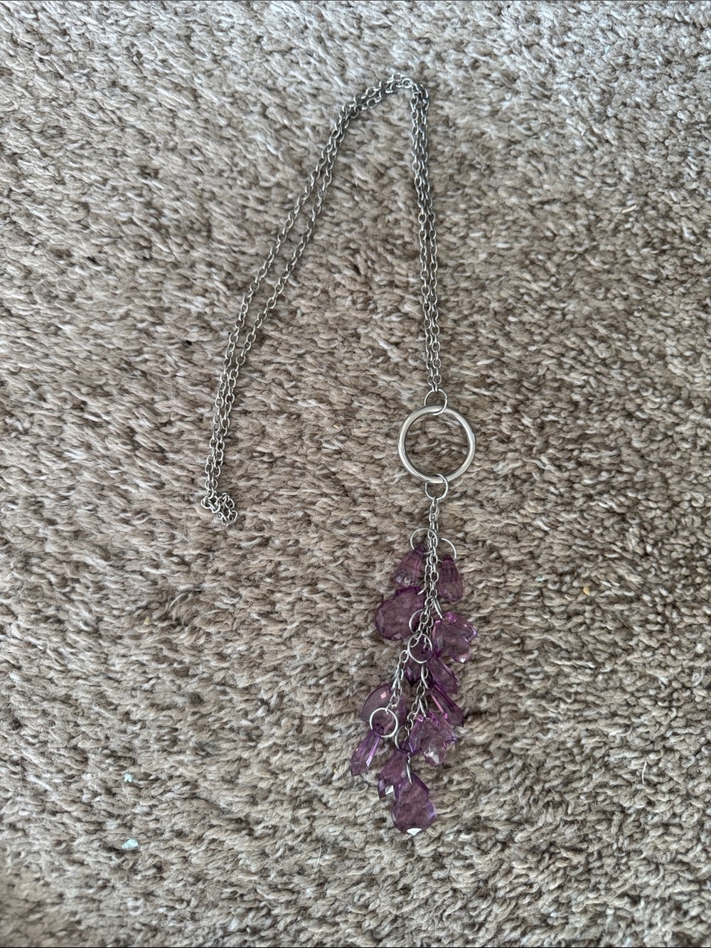 Silver Chain Necklace with Purple Crystal Fringe
